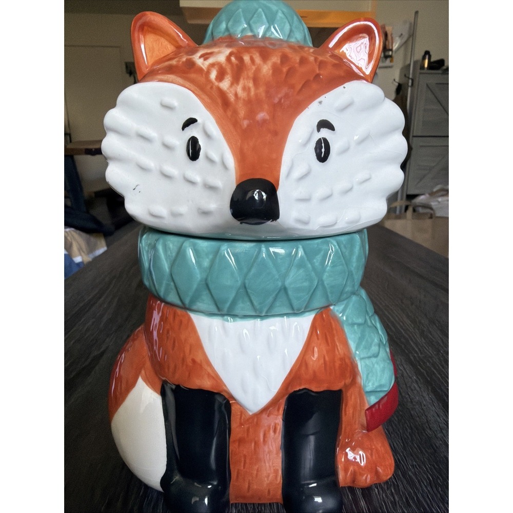 Ceramic Fox Cookie Jar Winter Scarf Hat Orange Teal Woodland Kitchen Decor Jar